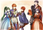  3boys artist_name belt blue_dress blue_eyes blue_hair boots bouquet box breasts cape closed_eyes copyright_name cowboy_shot dated dress eliwood_(fire_emblem) father_and_daughter father_and_son fire_emblem fire_emblem:_fuuin_no_tsurugi fire_emblem:_rekka_no_ken fire_emblem_heroes flower gift gift_box green_eyes green_hair hands_clasped hat headband hector_(fire_emblem) interlocked_fingers lilina long_hair long_sleeves lyndis_(fire_emblem) medium_breasts multiple_boys multiple_girls open_mouth own_hands_together ponytail puffy_long_sleeves puffy_pants puffy_sleeves red_dress red_hair roy_(fire_emblem) shoochiku_bai short_hair smile valentine 