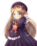  abigail_williams_(fate/grand_order) bangs black_bow black_dress black_hat blonde_hair blue_eyes blush bow closed_mouth commentary_request dress eyebrows_visible_through_hair fate/grand_order fate_(series) hair_bow hair_tucking hat highres long_hair long_sleeves looking_at_viewer melings_(aot2846) object_hug orange_bow parted_bangs polka_dot polka_dot_bow simple_background sleeves_past_fingers sleeves_past_wrists solo stuffed_animal stuffed_toy teddy_bear very_long_hair white_background 