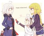  ahoge anmitsu_prv arm_behind_back black_gloves blonde_hair blush bow box braid casual commentary_request elbow_gloves english fate/grand_order fate_(series) fur_trim gloves green_bow hair_bow happy_valentine heart heart_ahoge heart_of_string holding holding_box jacket jeanne_d'arc_(alter)_(fate) jeanne_d'arc_(fate) jeanne_d'arc_(fate)_(all) jeanne_d'arc_alter_santa_lily long_braid long_hair long_sleeves looking_at_another multiple_girls multiple_persona open_clothes open_jacket open_mouth red_bow short_hair short_shorts shorts single_braid smile striped striped_bow sweat thighhighs valentine white_hair wicked_dragon_witch_ver._shinjuku_1999 