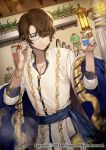  bad_id bad_pixiv_id bangs bracelet brown_hair buttons carchet closed_mouth commentary copyright_name glasses gold_buttons hair_over_one_eye holding jewelry looking_at_viewer multicolored multicolored_clothes official_art original plant ring short_hair sid_story standing wall_lamp 
