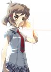  backlighting brown_hair clenched_hand frown hair_ornament hairclip holding looking_at_viewer lydian_academy_uniform mototenn necktie orange_eyes school_uniform senki_zesshou_symphogear short_hair skirt solo tachibana_hibiki_(symphogear) 