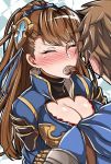  1girl beatrix_(granblue_fantasy) blush breasts brown_hair chocolate chocolate_heart cleavage closed_eyes commentary_request facing_another gran_(granblue_fantasy) granblue_fantasy hair_ornament heart hetero hug large_breasts long_hair mouth_hold ponytail sanmotogoroo tears 
