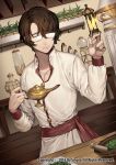  bad_id bad_pixiv_id bangs bracelet brown_hair buttons carchet closed_mouth commentary copyright_name glasses gold_buttons hair_over_one_eye holding jewelry looking multicolored multicolored_clothes original plant short_hair sid_story standing wall_lamp 