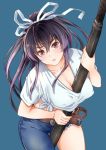  blush dress kanzakk_kaoru long_hair ponytail purple_hair violet_eyes weapon 