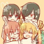  2girls black_hair blonde_hair blue_eyes dragon dragon_girl dragon_horns dragon_tail fafnir_(maidragon) glasses hair_over_one_eye horns hug kobayashi-san_chi_no_maidragon kobayashi_(maidragon) long_hair lowres maid maid_headdress mochiya_(83mcy) multiple_boys multiple_girls necktie pince-nez ponytail red_eyes red_hair short_hair smile tail takiya_makoto tooru_(maidragon) twintails yaoi yuri 