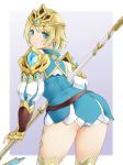  armor ashita_yaru ass blonde_hair blue_dress blue_eyes boots circlet cowboy_shot dress earrings fingerless_gloves fire_emblem fire_emblem_heroes fjorm_(fire_emblem_heroes) from_behind gauntlets gloves jewelry looking_at_viewer looking_back panties pantyshot polearm puffy_sleeves short_dress short_hair shoulder_armor simple_background smile solo spear thigh_boots thighhighs underwear weapon white_legwear white_panties 