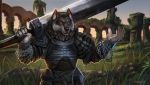  5_fingers amenlona anthro canine day detailed_background digital_media_(artwork) grass holding_object holding_weapon male mammal melee_weapon outside sky solo sword weapon wolf yellow_eyes 