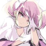  absurdres bad_id bad_pixiv_id bangs bow commentary eyebrows_visible_through_hair gloves hair_bow hand_on_head highres kaname_madoka mahou_shoujo_madoka_magica misteor pink_eyes pink_hair pink_shirt shirt short_hair sketch solo ultimate_madoka white_background white_bow white_gloves 