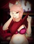  anthro bedroom_eyes big_breasts bra breasts capri cat cleavage clothed clothing doxxyl feline female fur hair half-closed_eyes lingerie looking_at_viewer mammal navel one_breast_out pink_hair presenting presenting_breasts red_eyes seductive shirt skimpy slightly_chubby suggestive t-shirt tan_fur tongue tongue_out toony underwear 