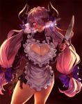  apron batter black_sweater blue_eyes blush bow braid breasts cleavage commentary draph eu03 french_braid frills glowing glowing_eyes granblue_fantasy hair_bow hair_over_one_eye heart_cutout heavy_breathing hips horns huge_breasts knife lavender_hair long_hair looking_at_viewer low_tied_hair narmaya_(granblue_fantasy) open_mouth pointy_ears reflection ribbed_sweater smile solo sweater thighs turtleneck turtleneck_sweater twintails vee_(granblue_fantasy) whisk yandere 