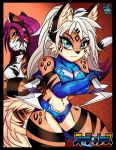  abstract_background anthro black_stripes blue_eyes clothed clothing countershading darkfang100 darkfangcomics duo fangs feline female fur hair inner_ear_fluff long_hair lynx mammal midriff multicolored_fur nilana_the_lynx orange_fur pink_hair red_eyes saber-toothed_cat sabertooth_(feature) stealth_the_series stripes tan_fur white_fur white_hair zara_the_sabortooth_cat 