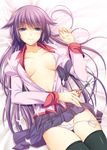  asami_asami bakemonogatari breasts large_breasts long_hair lying monogatari_(series) nipple_slip nipples no_bra open_clothes open_shirt panties partially_visible_vulva purple_hair pussy_peek scissors senjougahara_hitagi shirt side-tie_panties skirt solo thighhighs underwear 