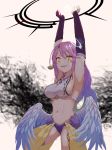  abs angel_wings bangs blurry blurry_background breasts cowboy_shot feathered_wings gloves halo hands_up highres jewelry jibril_(no_game_no_life) large_breasts leg_tattoo long_hair looking_at_viewer low_wings magic_circle midriff multicolored_hair navel no_game_no_life open_mouth parted_bangs pendant pink_hair purple_legwear sideboob smile solo standing tattoo thighhighs twtnw white_wings wings yellow_eyes 