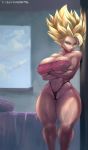  aqua_eyes bare_shoulders big_hair blonde_hair breasts caulifla commission covered_nipples crossed_arms cutesexyrobutts dragon_ball dragon_ball_super highleg highleg_panties highres large_breasts light_smile long_hair looking_at_viewer navel panties smile solo super_saiyan thick_thighs thighs thong underboob underwear wide_hips 