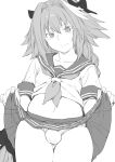  astolfo_(fate) blush bow braid bulge covered_penis fate/apocrypha fate/grand_order fate_(series) greyscale hair_bow highres lifted_by_self long_hair looking_at_viewer male_focus monochrome otoko_no_ko panties school_uniform simple_background sketch skirt solo toriudonda underwear 