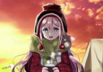  bangs beanie black_hat blue_eyes chinese_commentary cloud commentary_request cup drink eyebrows_visible_through_hair fingernails green_scarf hair_between_eyes hat holding holding_cup jacket kagamihara_nadeshiko long_hair long_sleeves lunacats mug partial_commentary pink_hair pom_pom_(clothes) red_jacket red_sky scarf sidelocks sky solo steam sunset tent very_long_hair yurucamp 