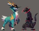  cobalion commentary creature crossed_arms full_body fushigi_no_dungeon gen_5_pokemon glitchedpuppet grey_background hat haxorus horns no_humans orange_eyes pokemon pokemon_(creature) pokemon_(game) pokemon_fushigi_no_dungeon red_eyes signature simple_background standing 