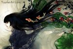  black_hair closed_eyes commentary fish japanese_clothes koi lily_pad lipstick long_hair makeup original ripples solo watermark web_address wenqing_yan 