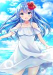  :d bangs bare_shoulders blue_eyes blue_hair blue_sky blush cloud cloudy_sky collarbone commentary_request day dress eyebrows_visible_through_hair flower hair_between_eyes hair_flower hair_ornament halterneck highres horizon long_hair minami_saki moe2018 ocean off-shoulder_dress off_shoulder open_mouth original outdoors red_flower sidelocks sky smile solo water white_dress 