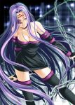  ayakaze_ryuushou bare_shoulders black_dress black_legwear breasts chain cleavage commentary_request dress fate/hollow_ataraxia fate/stay_night fate_(series) large_breasts long_hair nameless_dagger purple_eyes purple_hair rider solo strapless strapless_dress thighhighs very_long_hair 