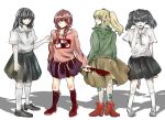  black_skirt blonde_hair braid brown_hair collared_shirt commentary_request ebak0 extra_arms green_eyes grey_eyes grey_hair holding holding_knife knife long_hair long_sleeves looking_at_viewer looking_back madotsuki monoe monoko multiple_girls one_eye_closed pale_skin pink_shirt pleated_skirt poniko ponytail shirt short_sleeves skirt smile standing twin_braids twintails uboa white_background yume_nikki 