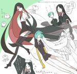  androgynous black_eyes black_gloves black_hair black_legwear black_neckwear black_shorts bort closed_eyes dragging elbow_gloves gem_uniform_(houseki_no_kuni) gloves golden_arms green_eyes green_hair houseki_no_kuni jellyfish long_hair multiple_others multiple_views necktie pajamas petting phosphophyllite shiro_(houseki_no_kuni) shirt short_hair short_sleeves shorts shumiko_(kamenokoueki) spoilers suspender_shorts suspenders thighhighs white_shirt 