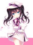  :o abstract_background bangs black_hair blue_eyes blush cowboy_shot dress eyebrows_visible_through_hair flat_cap gloves hat head_tilt holding ichiyou_moka long_hair long_sleeves looking_at_viewer neck_ribbon open_mouth original paper pink_ribbon ribbon sidelocks solo standing twintails twitter_username uniform white_background white_dress white_gloves white_hat 