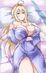  1girl ahoge bare_shoulders bed blonde_hair bolobolo breasts elf female green_eyes highres indoors japanese_clothes large_breasts long_hair looking_at_viewer lying mole no_bra on_back original pointy_ears smile solo thighs yukata 