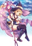  black_legwear blonde_hair boots breasts brown_eyes commentary_request djeeta_(granblue_fantasy) full_body gloves granblue_fantasy hat holding looking_at_viewer medium_breasts narinn short_hair staff thighhighs wand white_gloves witch_hat 