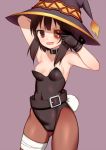  :d armpits bandaged_leg bandages bangs belt belt_buckle black_belt black_gloves black_hair black_leotard breasts brown_background brown_hair brown_hat brown_legwear buckle bunny_girl bunny_tail bunnysuit commentary_request cowboy_shot eyepatch gloves hat kono_subarashii_sekai_ni_shukufuku_wo! leotard long_hair looking_at_viewer loose_belt medium_breasts megumin nipples open_mouth pantyhose red_eyes simple_background smile solo standing strapless strapless_leotard tail toshishikisai v_over_eye wardrobe_malfunction witch_hat 