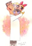  3girls artist_name black_hair black_pants blonde_hair blossom_(ppg) bow bubbles_(ppg) buttercup_(ppg) closed_eyes dated father_and_daughter hair_bow happy hug labcoat long_hair looking_at_another multiple_girls open_mouth orange_hair pants pink_background pink_eyes powerpuff_girls professor_utonium shimabo short_hair siblings simple_background sisters smile traditional_media twintails watercolor_(medium) white_background white_coat 