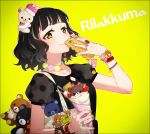  bag bangs black_hair black_shirt blush bracelet brown_hair cellphone charm_(object) closed_mouth crepe eyebrows_visible_through_hair food hakusai_(tiahszld) holding holding_cellphone holding_food holding_phone jewelry looking_at_viewer original phone polka_dot puffy_short_sleeves puffy_sleeves rilakkuma ring san-x shirt short_sleeves shoulder_bag smartphone_case smile solo stuffed_animal stuffed_toy teddy_bear 