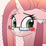  2018 ambiguous_form animated black_eyebrows blush digital_media_(artwork) dotted_background ears_down equine eyebrows eyelashes fan_character female front_view fur grey_eyes hair headshot_portrait horn inner_ear_fluff kendra_heart long_hair looking_at_viewer mammal my_little_pony n0nnny pattern_background pink_fur pink_hair portrait shy simple_background smile solo unicorn 
