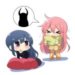  &gt;_&lt; blue_eyes blue_hair blush chibi closed_eyes commentary_request hair_between_eyes kagamihara_nadeshiko long_hair long_sleeves multiple_girls open_mouth pajamas pillow pink_hair shima_rin twumi yurucamp 