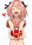  :d astolfo_(fate) bangs black_bow blush bow box closed_eyes commentary_request eyebrows_visible_through_hair facing_viewer fang fate/apocrypha fate_(series) hair_bow heart heart-shaped_box highres holding male_focus multicolored_hair navel neckerchief open_mouth otoko_no_ko pink_hair pink_neckwear pink_sailor_collar sailor_collar school_uniform serafuku shirt short_sleeves simple_background smile solo streaked_hair valentine white_background white_shirt zonotaida 
