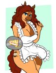  2018 5_fingers anthro apron arnachy blue_background blue_eyes border breasts brown_fur brown_hair brown_tail cleavage clothed clothing cutie_mark digital_media_(artwork) equine eyebrows eyebrows_visible_through_hair fan_character female food fur hair hi_res horse humanoid_hands long_hair long_tail looking_at_viewer mammal multicolored_fur my_little_pony naked_apron outside_border pie plate pony portrait simple_background smile solo tan_fur three-quarter_portrait two_tone_fur white_border white_clothing white_topwear 