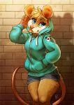  anthro blonde_hair blue_eyes brown_fur clothed clothing detailed_background digital_media_(artwork) female fur hair mammal mouse rodent solo tan_fur tasanko tongue whiskers 