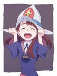  alternate_headwear blush brown_hair closed_eyes commentary happy highres kagari_atsuko little_witch_academia luna_nova_school_uniform open_mouth smile solo tama_(tama-s) 