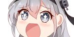  1girl close-up eyebrows_visible_through_hair grey_eyes hair_ornament headband kantai_collection long_hair looking_at_viewer nahaki no_nose one_side_up open_mouth silver_hair simple_background solo sparkling_eyes suzutsuki_(kantai_collection) symbol-shaped_pupils white_background 