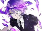  amethyst_(houseki_no_kuni) amethyst_84 amputee androgynous braid broken gem_uniform_(houseki_no_kuni) hair_over_one_eye houseki_no_kuni necktie purple_eyes purple_hair shards shirt short_sleeves shumiko_(kamenokoueki) solo upper_body white_background white_shirt 