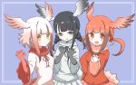  :&gt; bird_tail bird_wings black-headed_ibis_(kemono_friends) black_eyes black_hair braid commentary_request elbow_gloves fur_collar gloves gradient_hair hair_ornament head_wings highres japanese_crested_ibis_(kemono_friends) kemono_friends long_sleeves multicolored_hair multiple_girls neck_ribbon open_mouth petit_ramune pleated_skirt red_eyes red_hair ribbon scarlet_ibis_(kemono_friends) short_hair_with_long_locks skirt twintails white_hair wings yellow_eyes 
