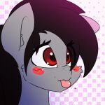  2018 ambiguous_form animated black_hair blep blush digital_media_(artwork) equine eyelashes female front_view fur grey_fur hair halftone_background headshot_portrait horse long_hair mammal my_little_pony n0nnny pattern_background pink_tongue pony portrait red_eyes simple_background solo tongue tongue_out 