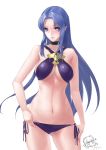  adjusting_clothes adjusting_swimsuit artist_name artoria_pendragon_(all) bikini blue_eyes blue_hair braid breasts cancelu caster chibi chibi_inset choker dated fate/grand_order fate_(series) hand_on_hip highres lipstick long_hair looking_at_viewer makeup medium_breasts pointy_ears purple_bikini purple_lipstick saber side-tie_bikini side_braid solo swimsuit underboob 