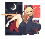  bare_legs barefoot black_dress blonde_hair chinese_clothes commentary dress hat highres junko_(touhou) long_hair long_sleeves looking_at_viewer moon nagaresimasu night night_sky no_panties red_eyes sky solo tabard thighs touhou wide_sleeves 