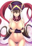  absurdres ass_visible_through_thighs bead_necklace beads bikini bikini_top breasts brown_hair cleavage commentary_request earrings fate/grand_order fate_(series) hair_between_eyes hat highres hoop_earrings jewelry jijii48 large_breasts long_hair navel necklace prayer_beads purple_bikini red_eyes solo swimsuit xuanzang_(fate/grand_order) 
