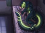 alligator anthro athletic bed claws clothing crocodilian cuddling hug human licking long_tail lying mammal muscular plussun reptile saliva scalie size_difference spooning tongue tongue_out underwear 