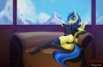  5_fingers alpha_channel anthro blue_hair cutie_mark day detailed_background digital_media_(artwork) equine fan_character female fur hair mammal my_little_pony nipples outside pegasus pussy rublegun simple_background solo transparent_background wings yellow_fur 
