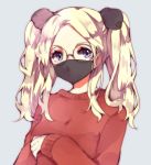  bangs blonde_hair blue_eyes blush commentary commission copyright_request face_mask glasses grey_background long_sleeves looking_at_viewer mask parted_bangs peachpii red_sweater simple_background solo surgical_mask sweater twintails 