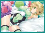  akatsuki_kirika arm_up bare_shoulders bed bed_sheet blonde_hair blush breasts character_doll cleavage commentary_request covered_navel elbow_gloves eyebrows_visible_through_hair gloves green_eyes green_leotard hair_ornament large_breasts leotard looking_at_viewer lying nagayori noise_(symphogear) on_back senki_zesshou_symphogear shiny shiny_clothes shiny_hair shiny_skin short_hair solo striped striped_legwear white_gloves x_hair_ornament 