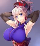  846-gou armpits arms_behind_head black_gloves blush breasts elbow_gloves fate/grand_order fate_(series) gloves japanese_clothes large_breasts looking_at_viewer miyamoto_musashi_(fate/grand_order) ponytail purple_hair sash smile solo 